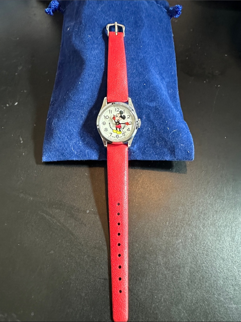 Children’s Red Leather Strap Analog Watch with Mickey Dial